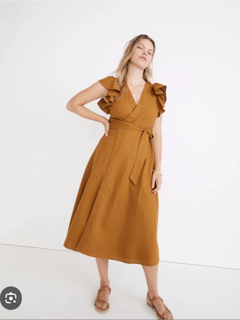 Madewell Linen-Blend Ruffle-Sleeve Wrap Midi Dress